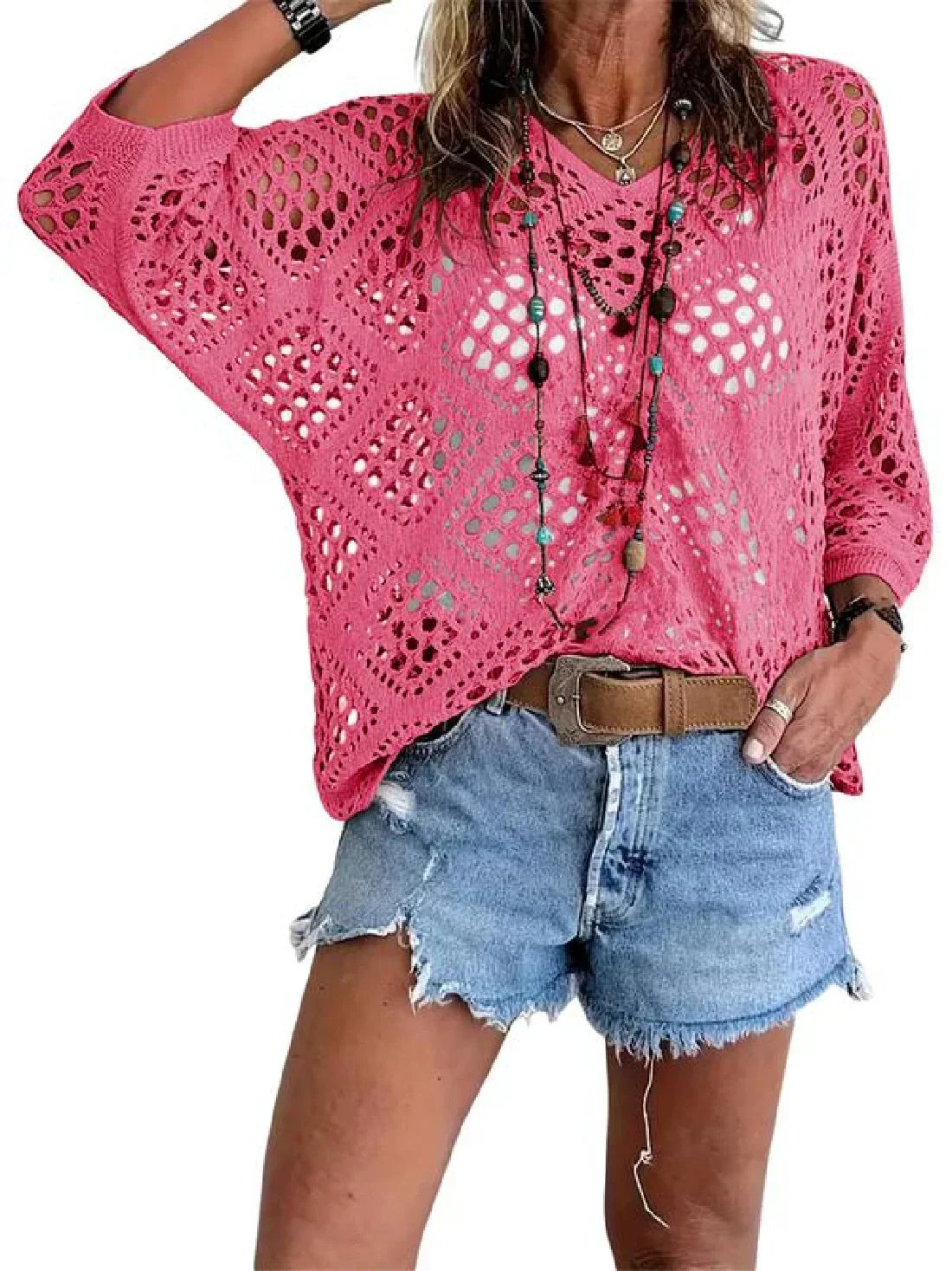 Bohemian V-neck Diamond-patterned Openwork Batwing Sleeve Knit Top