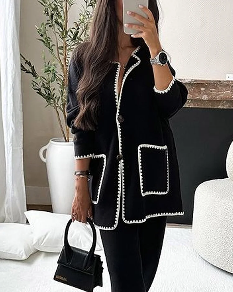 Edge Decorated Jacket Casual Pants Two-piece Set