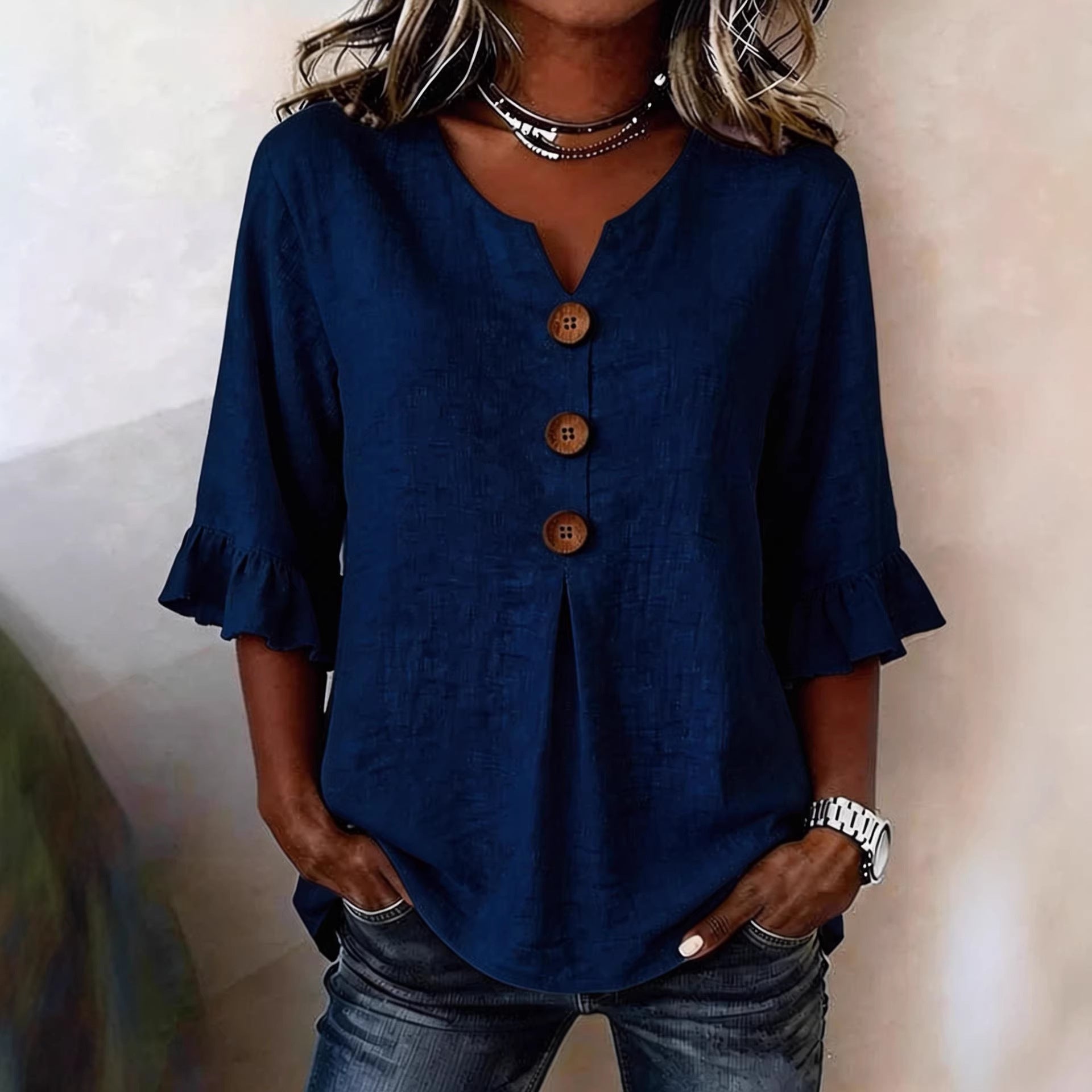 Solid V-Neck Button Ruffle Half Sleeve Casual Top
