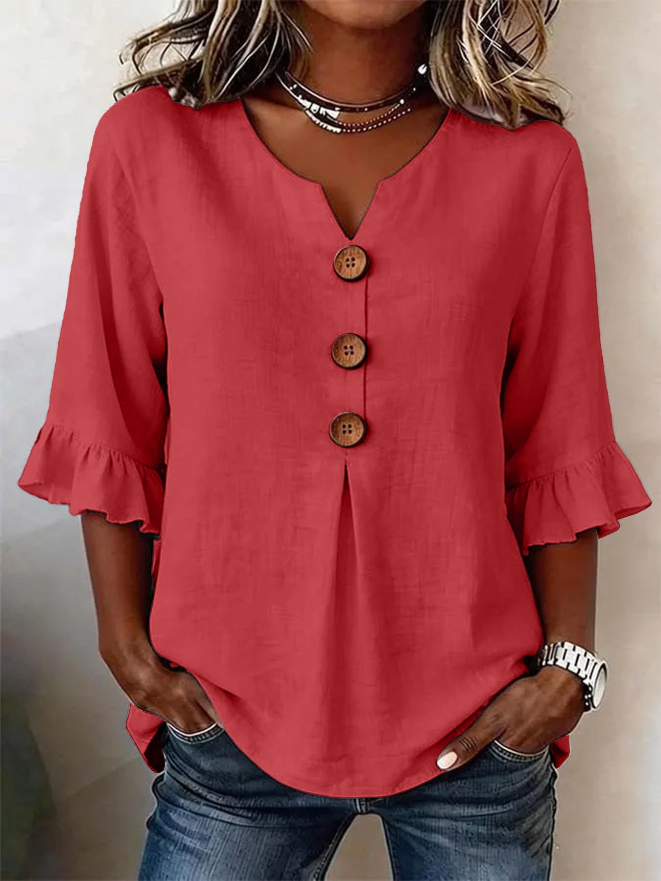 Solid V-Neck Button Ruffle Half Sleeve Casual Top