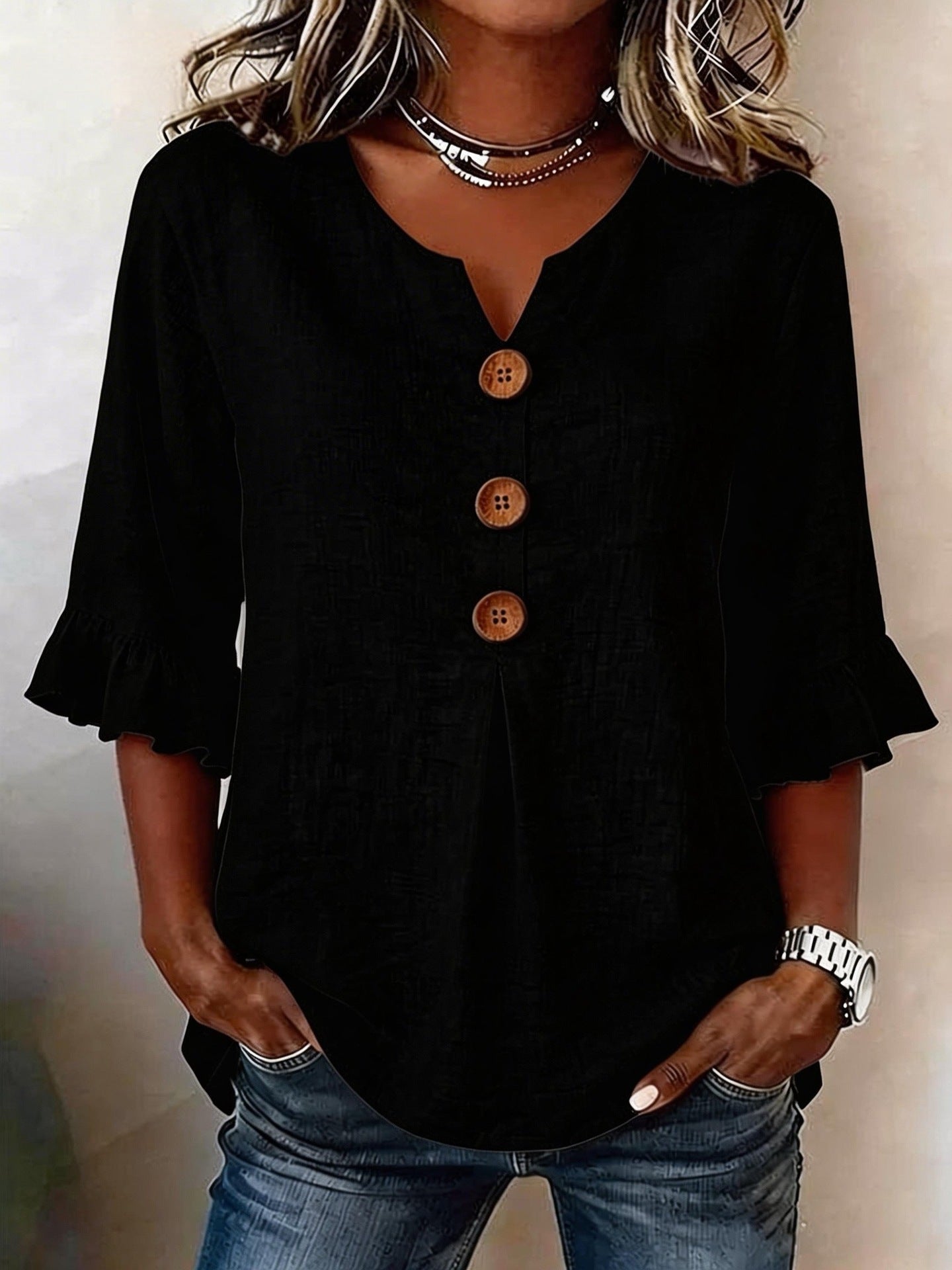 Solid V-Neck Button Ruffle Half Sleeve Casual Top