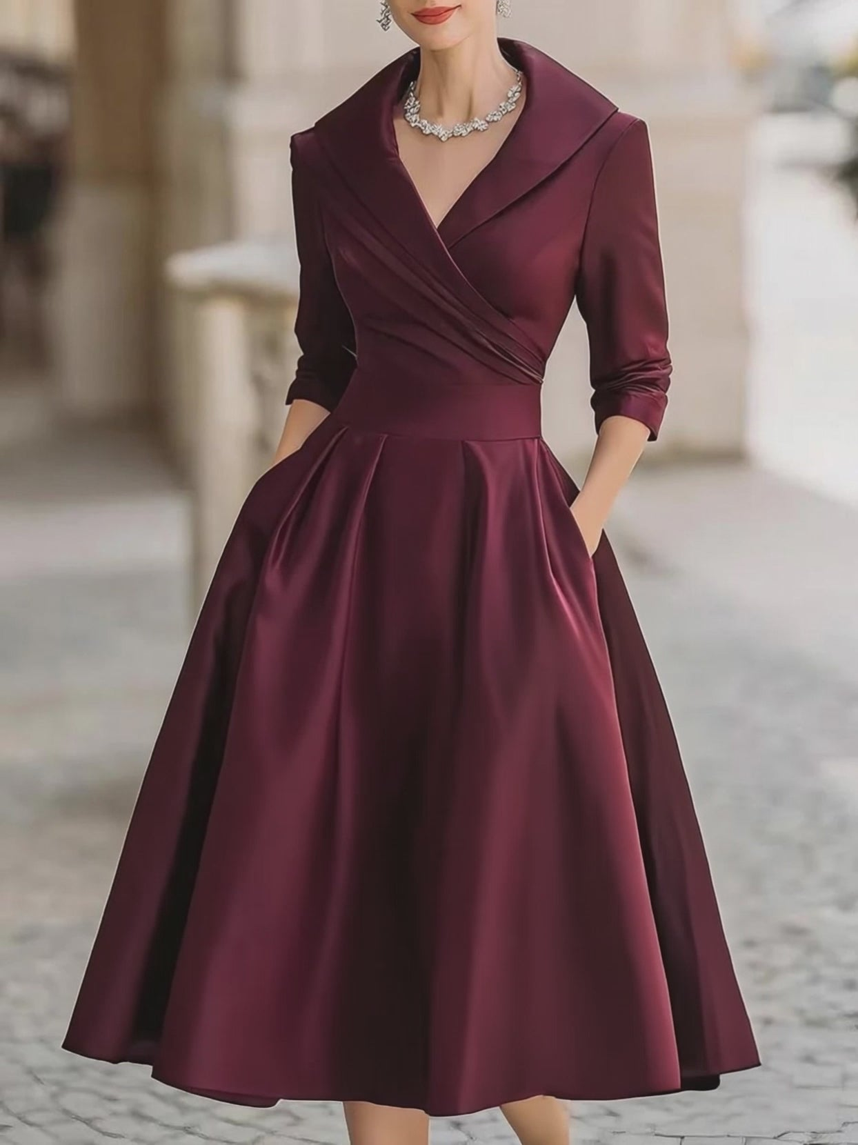 Elegant Black Satin Pleated V-neck A-line Midi Dress
