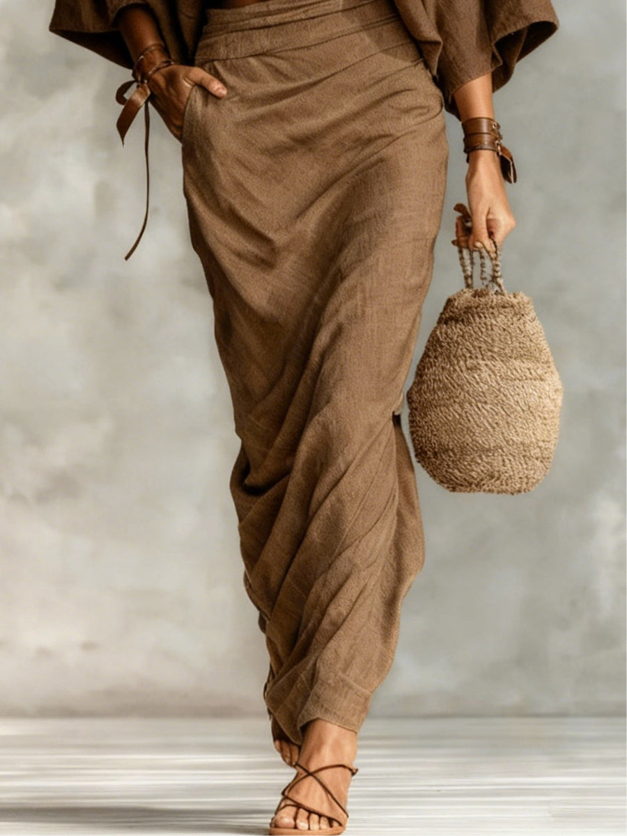 Round neck batwing sleeve top and long skirt set