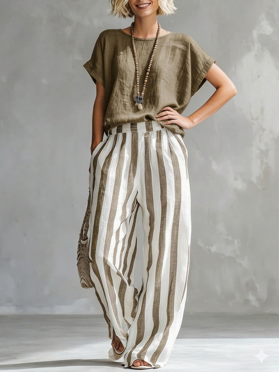 Cozy Loose-fit Striped Faux Cotton-linen Two-piece Set