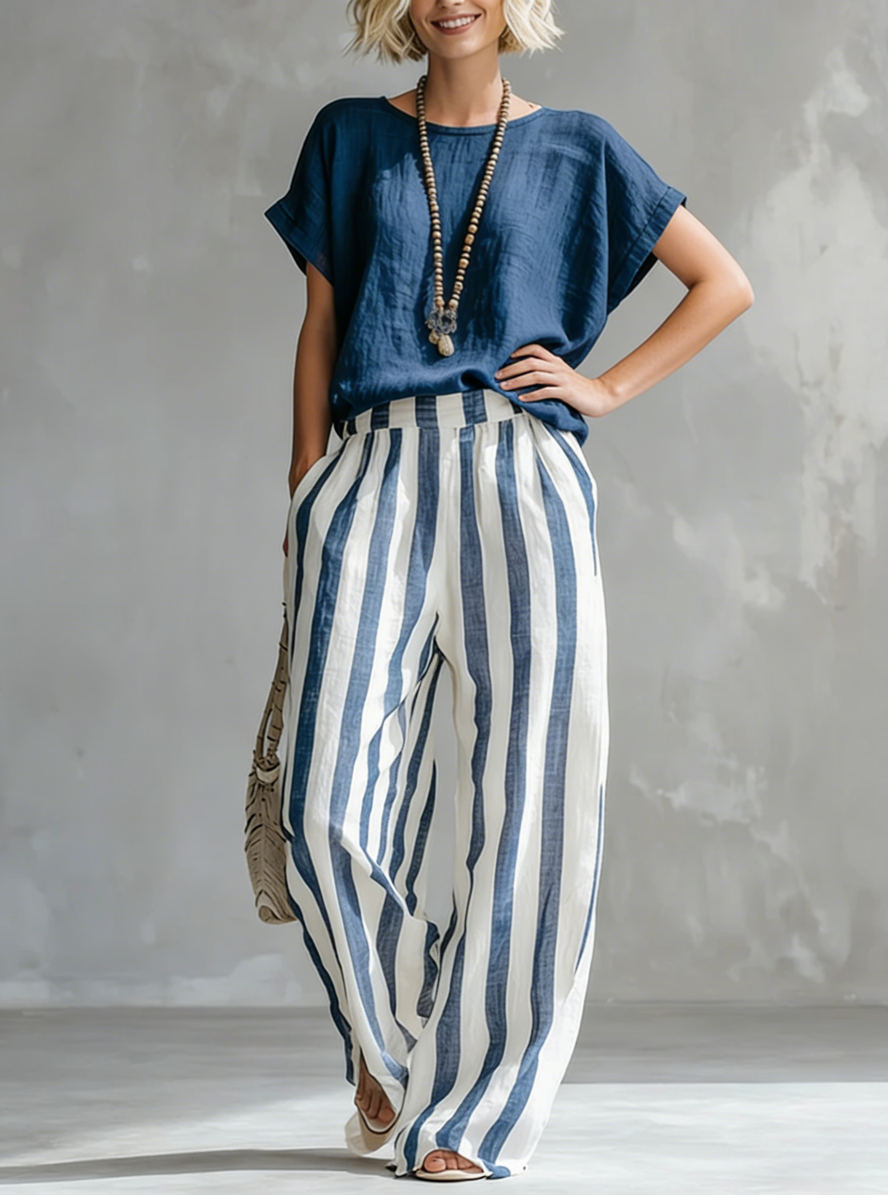 Cozy Loose-fit Striped Faux Cotton-linen Two-piece Set