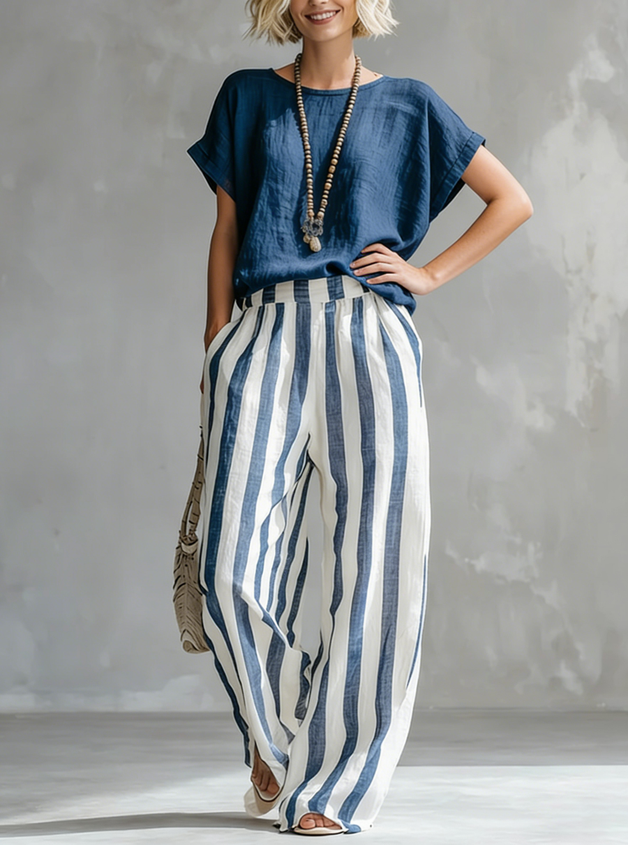 Cozy Loose-fit Striped Faux Cotton-linen Two-piece Set
