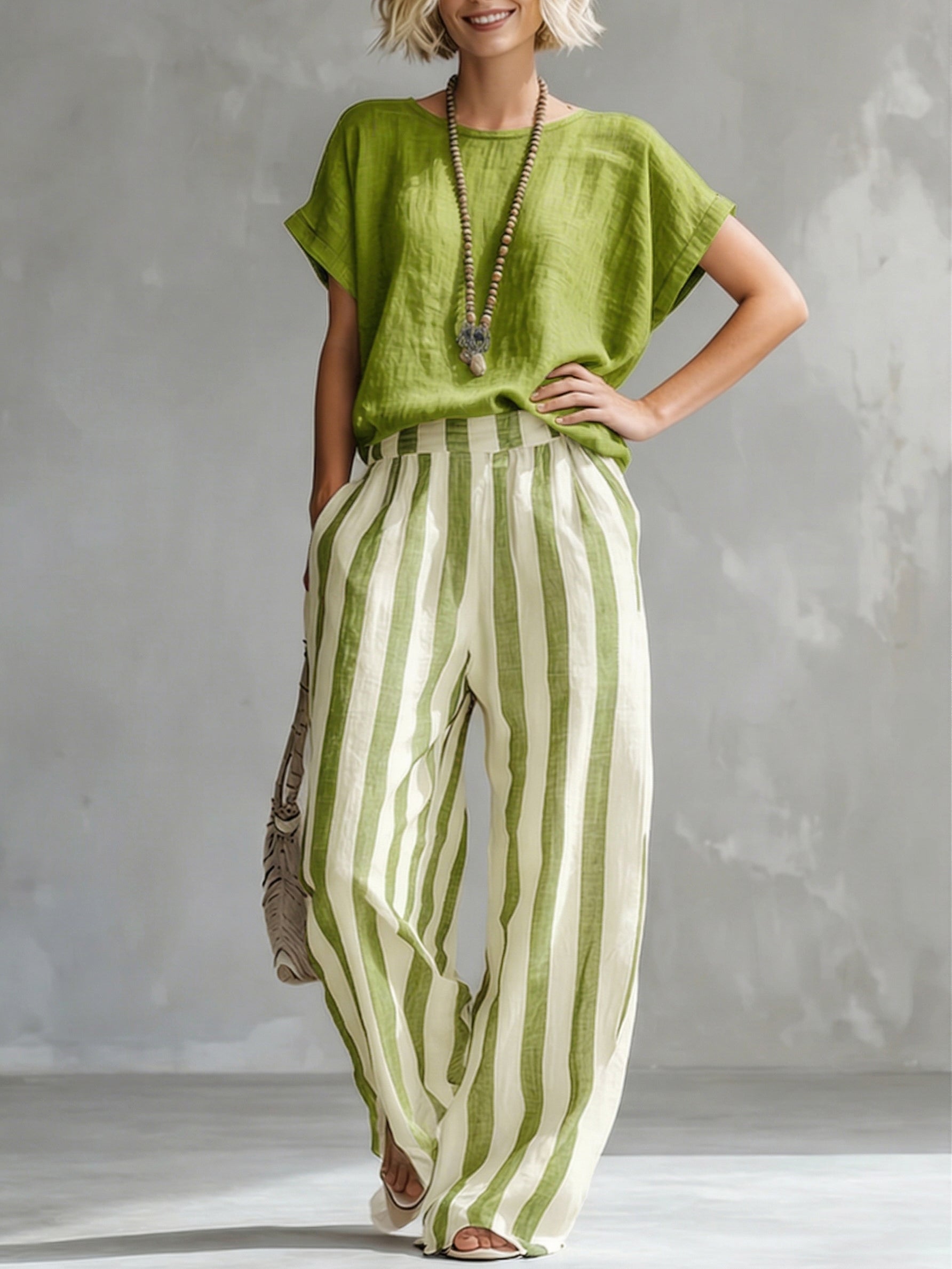 Cozy Loose-fit Striped Faux Cotton-linen Two-piece Set