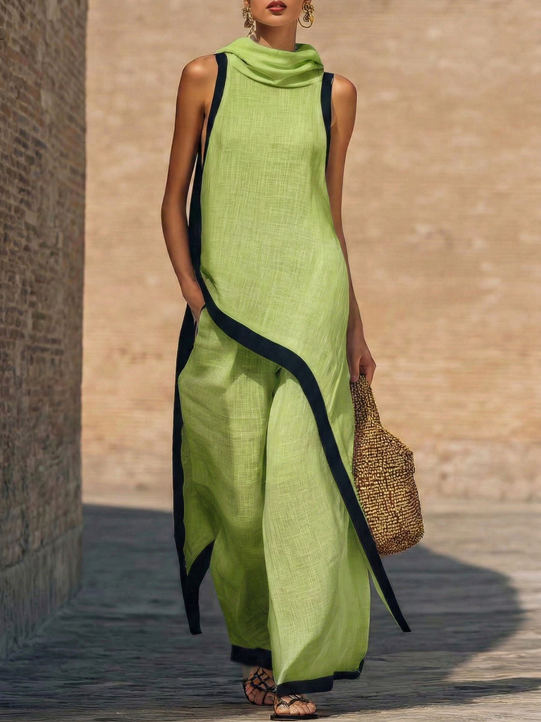 Elegant Irregular Sleeveless Top and Wide-Leg Pants Two-Piece Set