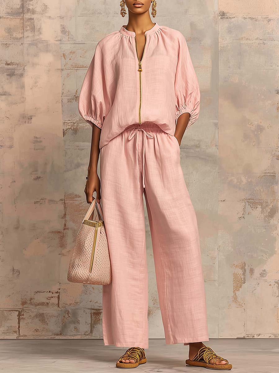 Casual Loose Solid Color Zipper Round Neck Wide-Leg Pants Set