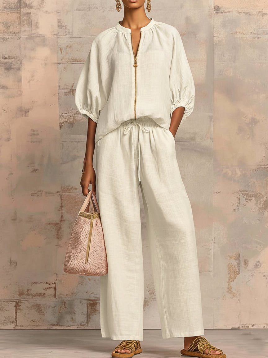Casual Loose Solid Color Zipper Round Neck Wide-Leg Pants Set