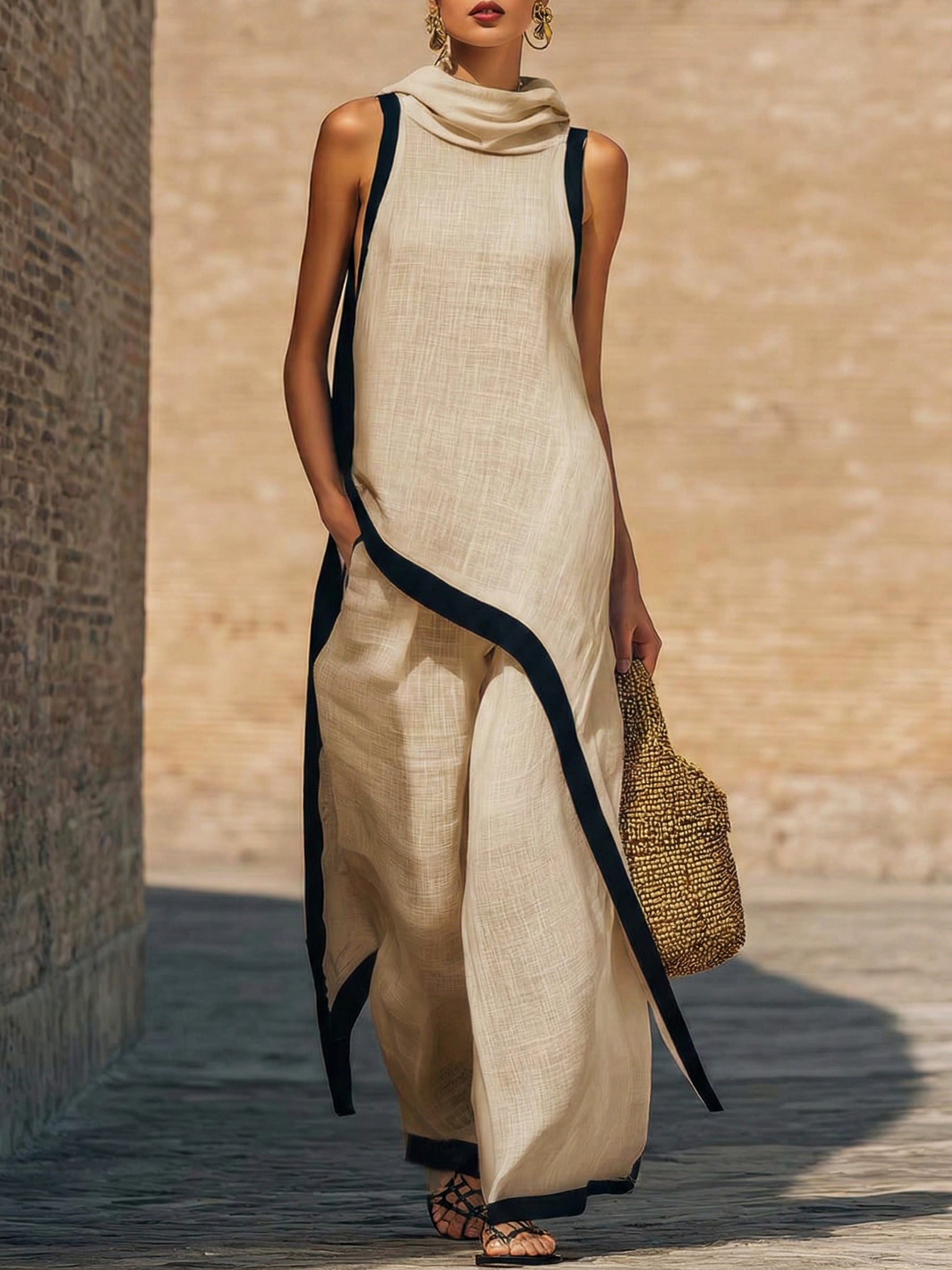 Elegant Irregular Sleeveless Top and Wide-Leg Pants Two-Piece Set