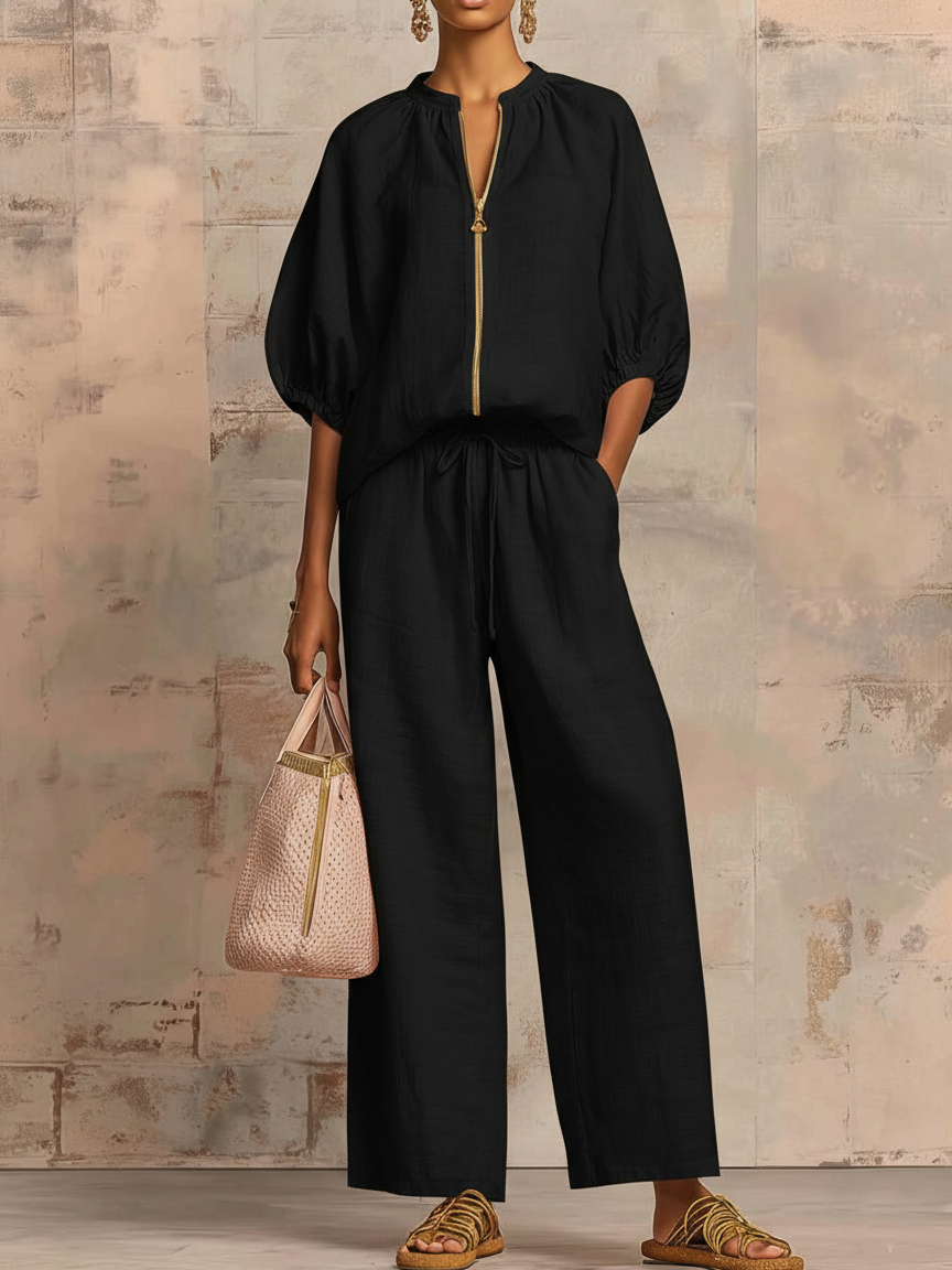 Casual Loose Solid Color Zipper Round Neck Wide-Leg Pants Set