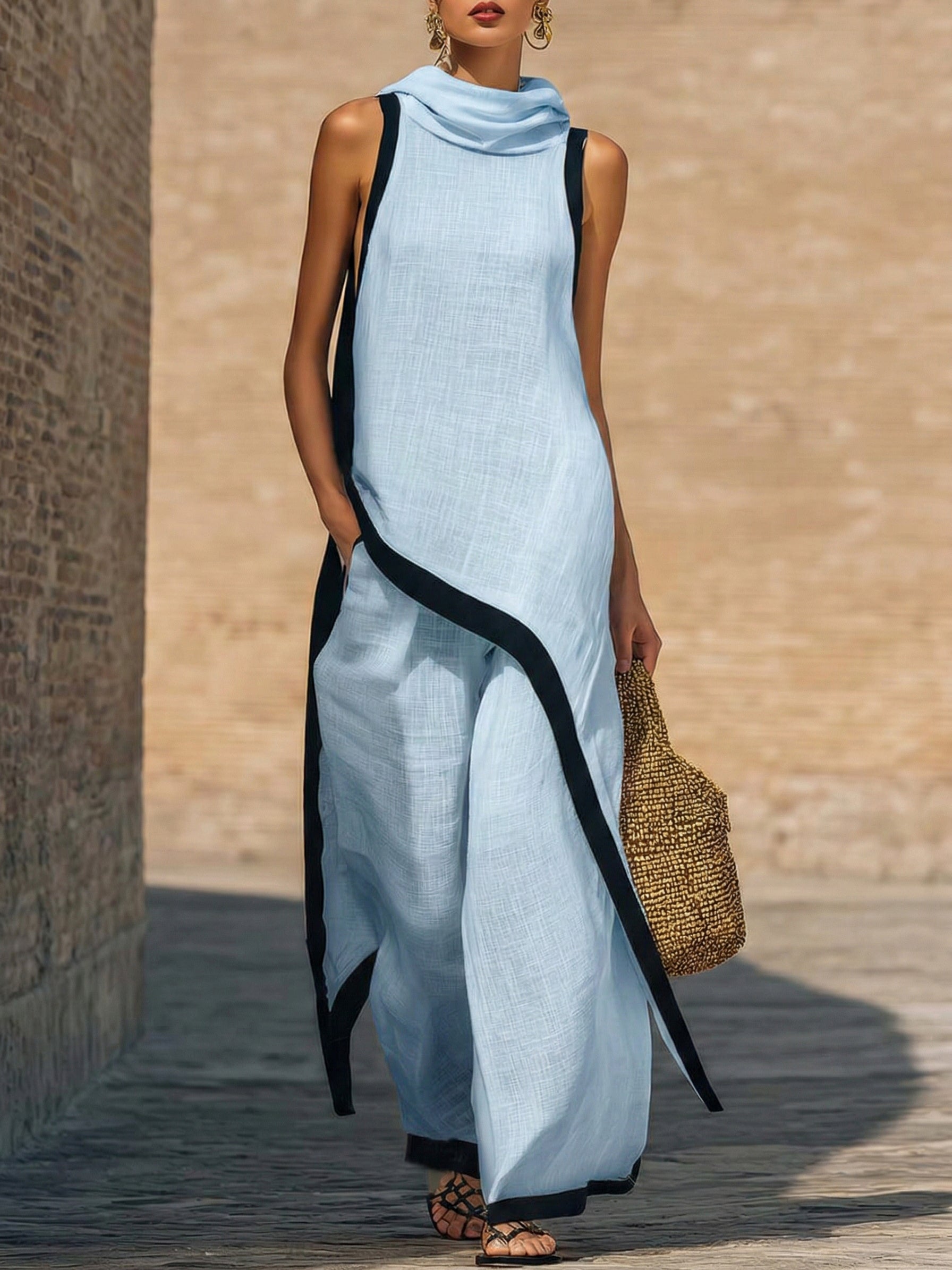 Elegant Irregular Sleeveless Top and Wide-Leg Pants Two-Piece Set