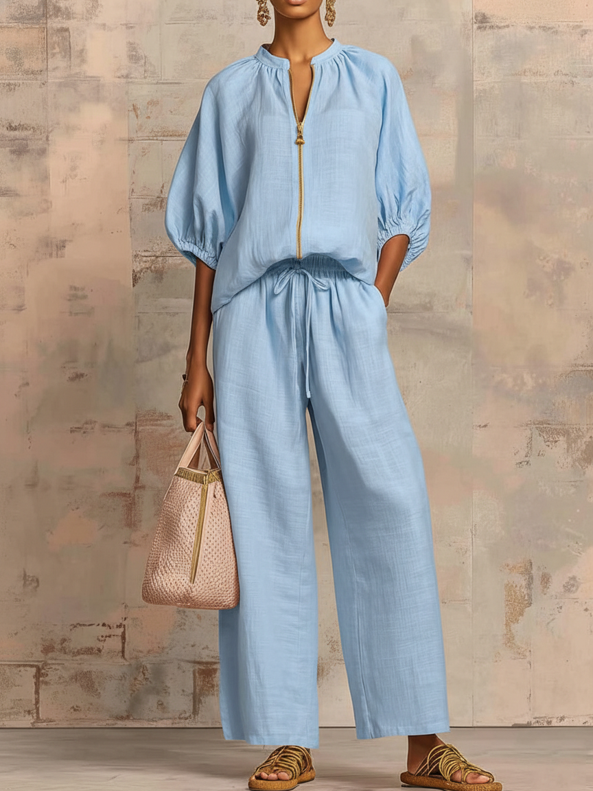 Casual Loose Solid Color Zipper Round Neck Wide-Leg Pants Set