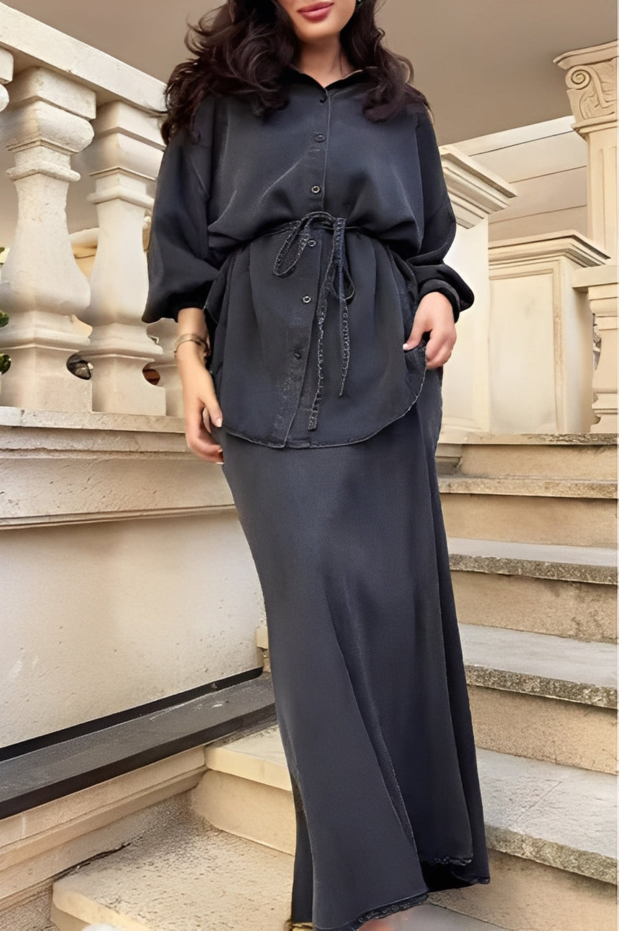 Long-sleeved Tie-Drawstring Shirt and Skirt Set