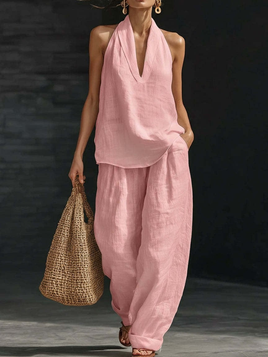 White Faux Linen V-neck Sleeveless Top And Wide-leg Pants Set